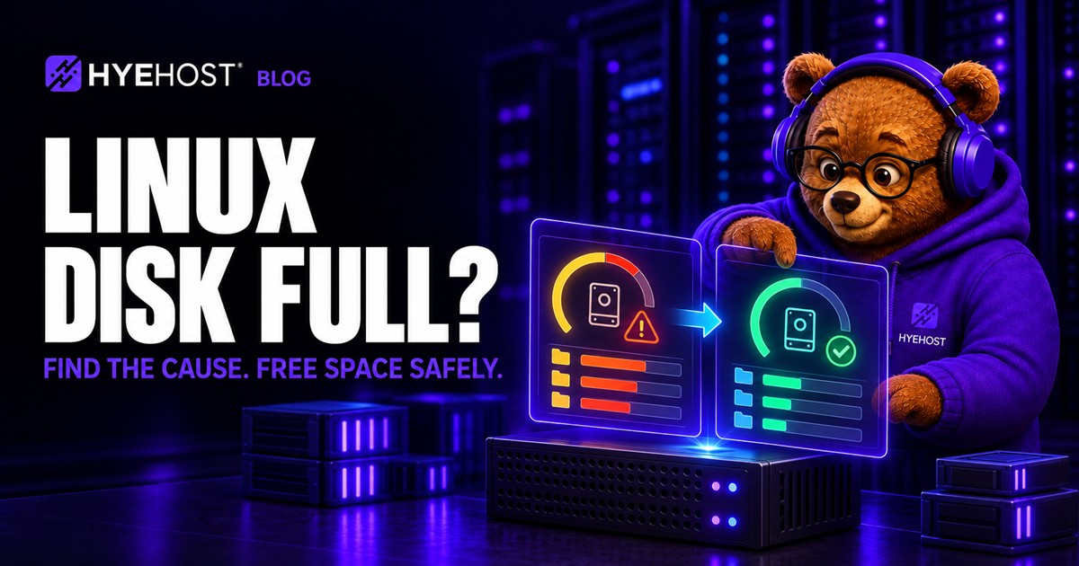 HYEHOST bear mascot diagnosing a full Linux disk with storage usage gauges